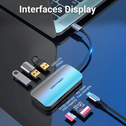 Hub Multipuerto 6 En 1 Usb-c Lectora De Tarjeta Sd Vention Gris
