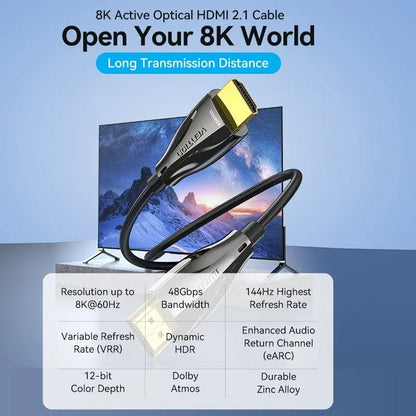 Cable Hdmi 2,1 Fibra Optica 8k 40m 48gbps Aluminio Vention