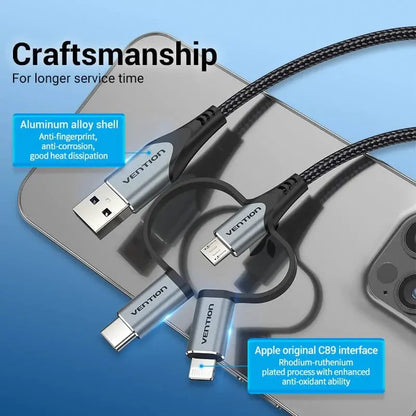 Cable Usb 3 En 1 Micro Usb + Usb C Lightning 1,5 M Vention Negro