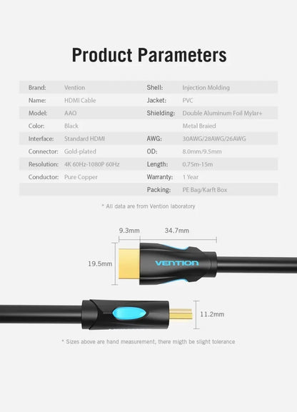 Cable Hdmi 2,0 Certificado 4k 30hz 5 Mts - Vention