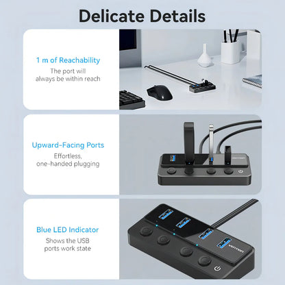 Hub Usb 3,0 4 Puertos Switch De Encendido 5gbps Vention Negro
