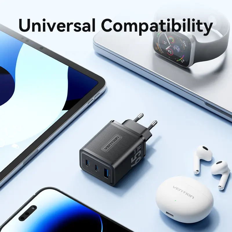 Cargador De Pared Carga Rapida 3 Puertos Usb C 65w Vention