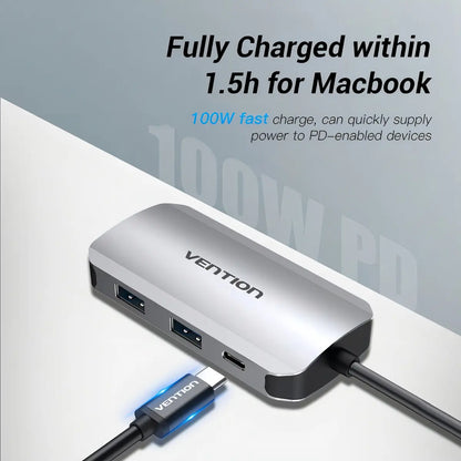 Hub Multipuerto Usb C A Usb 3,0 X 4 + Carga Pc Mac Vention