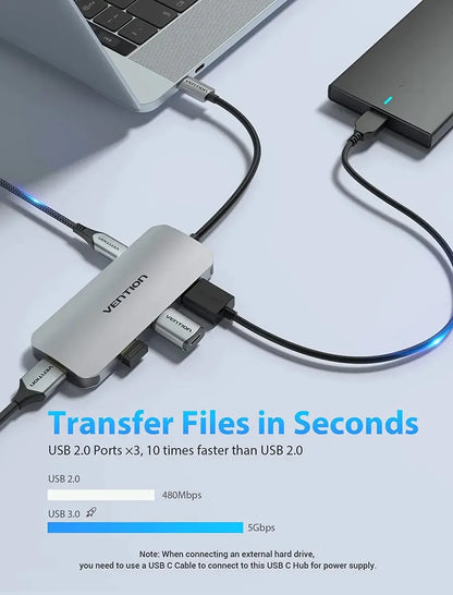 Hub Multipuerto 7 En 1 Usb C Hdmi Usb 3,0 Tarjeta Sd Vention Plateado