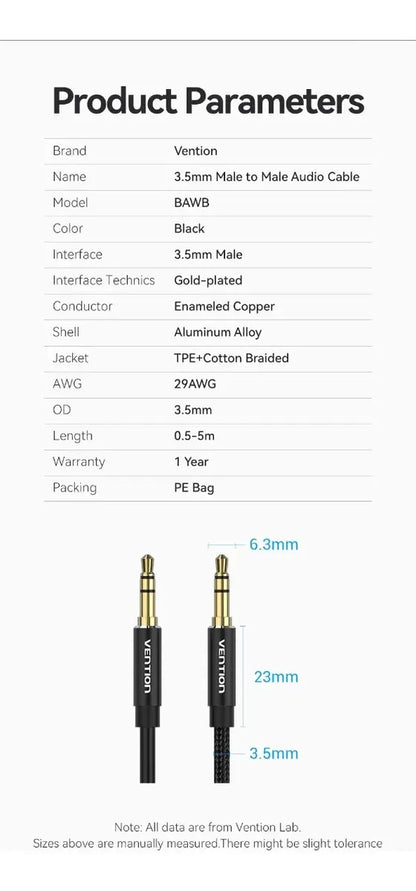 Cable De Audio Aux Jack 3,5mm Estereo Trenzado 2m Vention