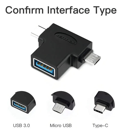 Doble Adaptador Usb 3,0 A Usb Tipo C Y Micro Usb Vention Negro