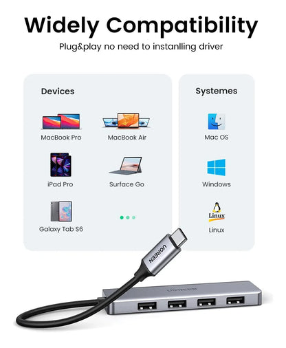 Hub Multipuerto Usb-c - 5 En 1 - Usb 3,0 X4 Pd 5v Ugreen Plateado