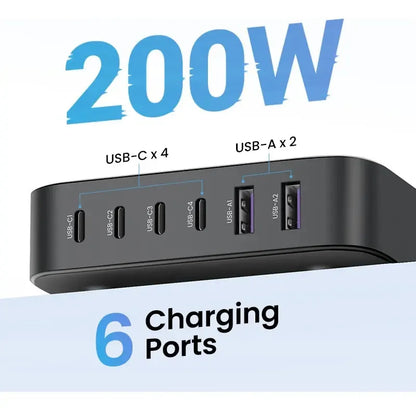 Cargador Premium 6 En 1 Usb-c X4 Usb X2 Alumino 200w Ugreen Negro