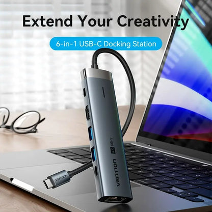 Hub Usb Multipuerto 6 En 1 Vention Usb C 3,2 Rj45 Hdmi 4k Plateado