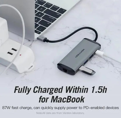 Hub Multipuerto Usb C 8 En 1 Hdmi Rj45 Usb 3,0 Sd Vention Gris