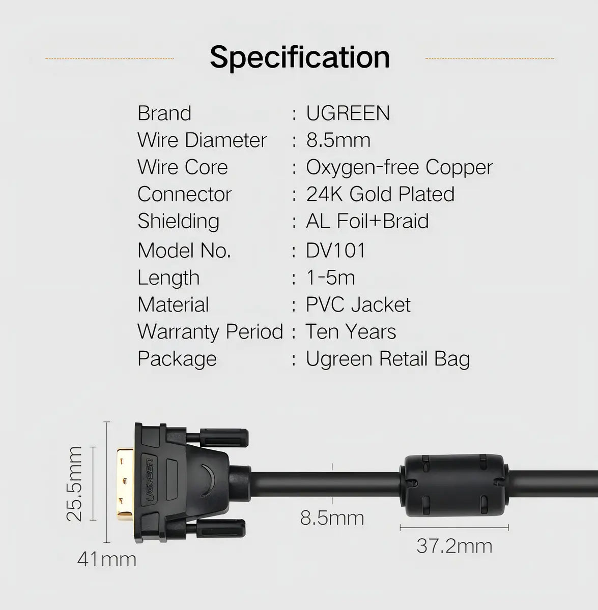 Cable Dvi 24+1 Bidireccional Macho A Macho Negro 2m Ugreen