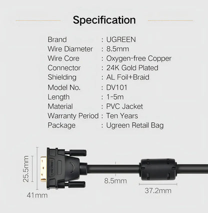 Cable Dvi 24+1 Bidireccional Macho A Macho Negro 2m Ugreen