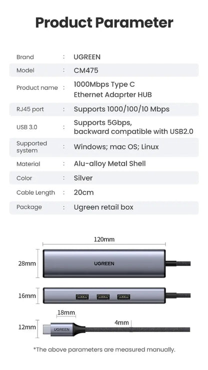 Hub Multipuerto 4 En 1 Usb-c A Usb 3,0 Rj45 Adaptador Ugreen Gris
