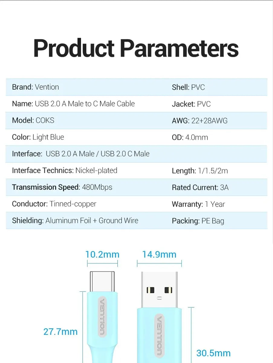 Cable Usb A Usb-c 2,0 Carga Y Datos Celeste 3a 1m Vention