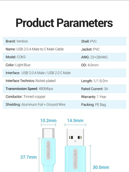 Cable Usb A Usb-c 2,0 Carga Y Datos Celeste 3a 1m Vention