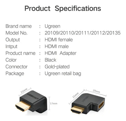 Ficha Adaptador Hdmi 2,0 4k Macho A Hembra Curvo 270° Ugreen