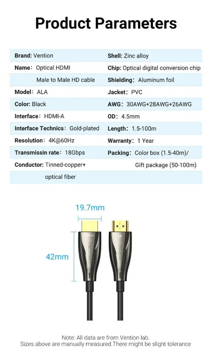 Cable Hdmi 2,0 Fibra Optica Certi 4k 60hz 18gbps 10m Vention