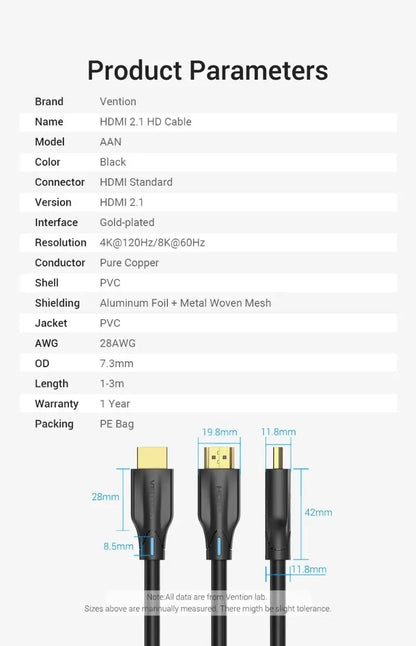 Cable Hdmi 2,1 8k Earc 120hz Hdr Vrr 48gb 10 Metros Vention