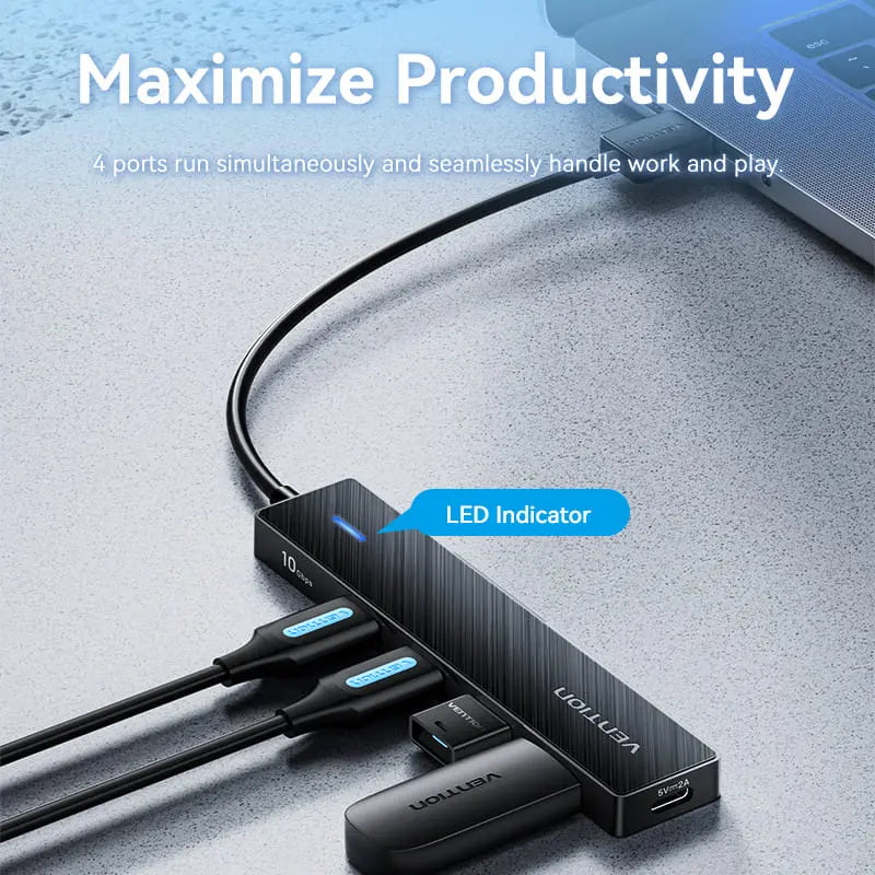 Hub 5 En 1 Usb A 4 Usb 3,2 Gen 2 Y Usb C 0,15 Metros Vention Negro