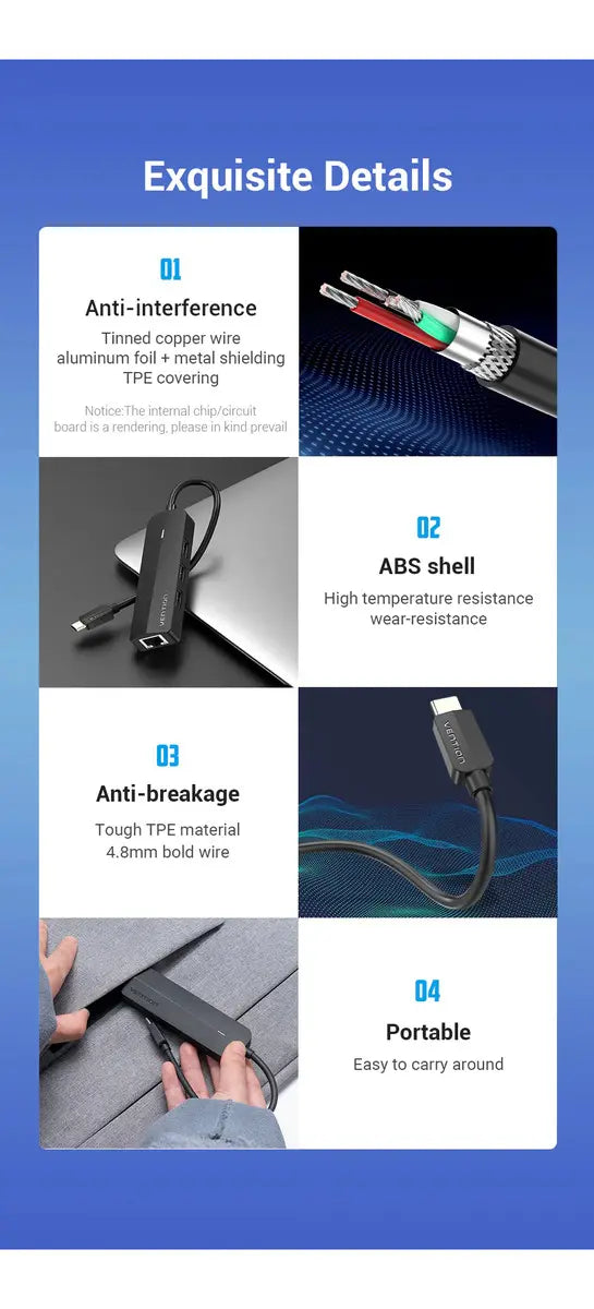 Hub Multipuerto 5 En 1 Usb-c A Usb Red Rj45 Micro B Vention Negro