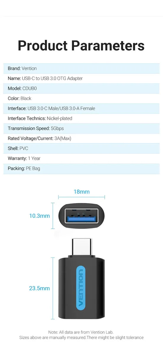 Adaptador Usb-c A Usb Hembra 3,0 Otg 5gbps Vention Negro