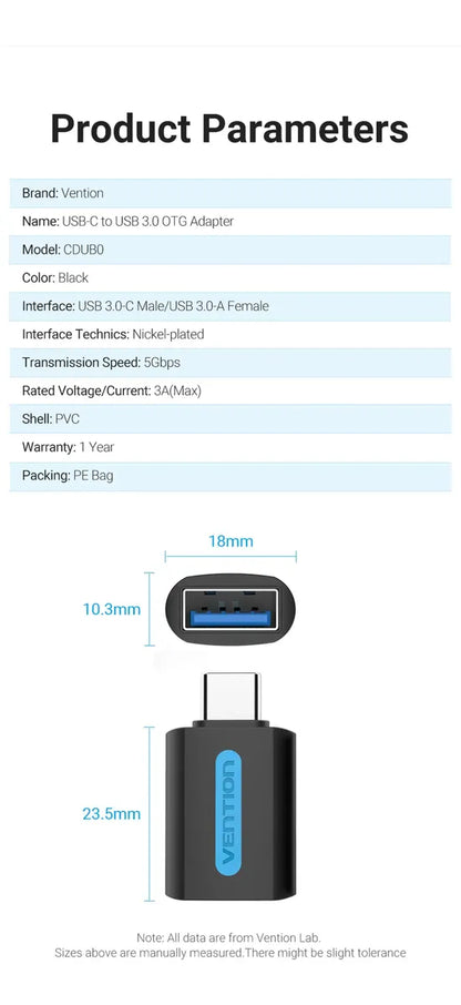 Adaptador Usb-c A Usb Hembra 3,0 Otg 5gbps Vention Negro