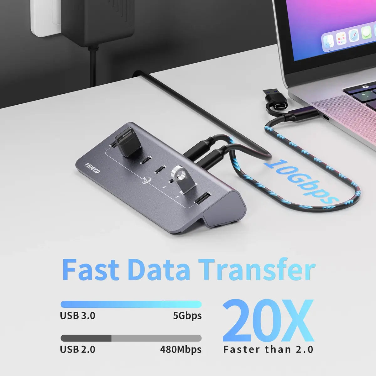 Hub Usb 7 Puertos Usb 3,0 + Usb C 10 Gbps Fideco Negro