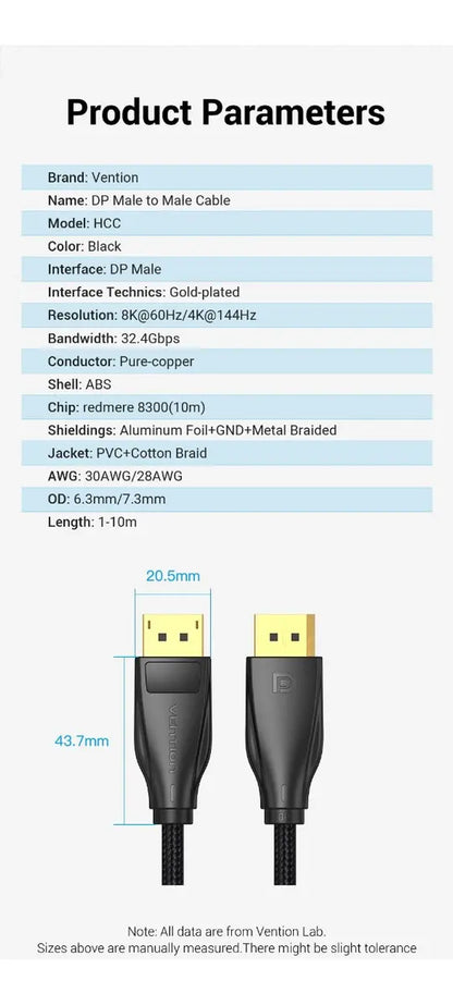 Cable Displayport 1,4 - 5 M Hdcp 8k 32 Gbps Ultra Hd Vention