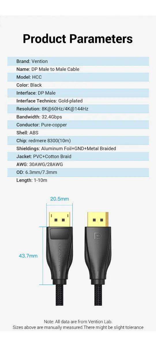 Cable Displayport 1,4 - 1 Metro Hdcp 8k 32 Gbps Uhd Vention