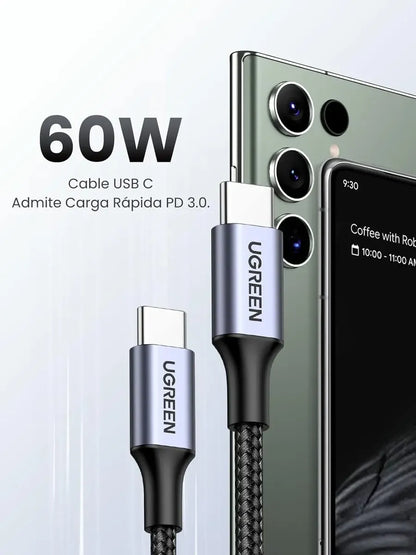 Cable Usb Tipo C Carga Rapida 60w Trenzado 1 Metro Ugreen Gris