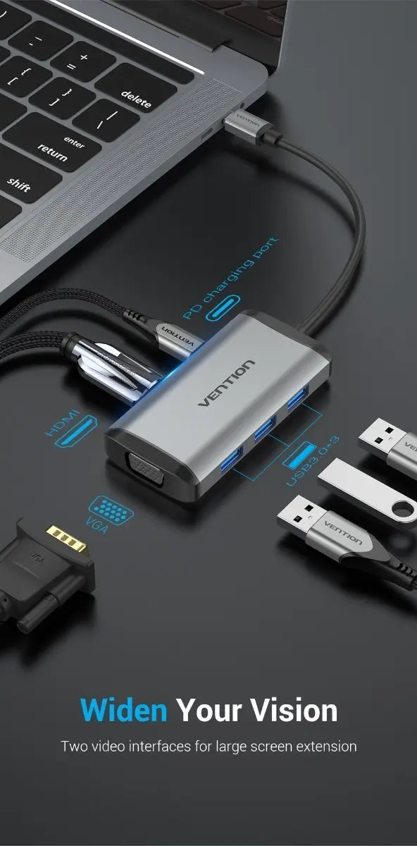 Hub Multipuerto 6 En 1 Usb C Vga Hdmi Usb 3,0 X3 Vention Gris