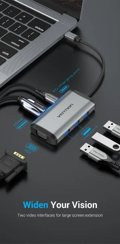 Hub Multipuerto 6 En 1 Usb C Vga Hdmi Usb 3,0 X3 Vention Gris
