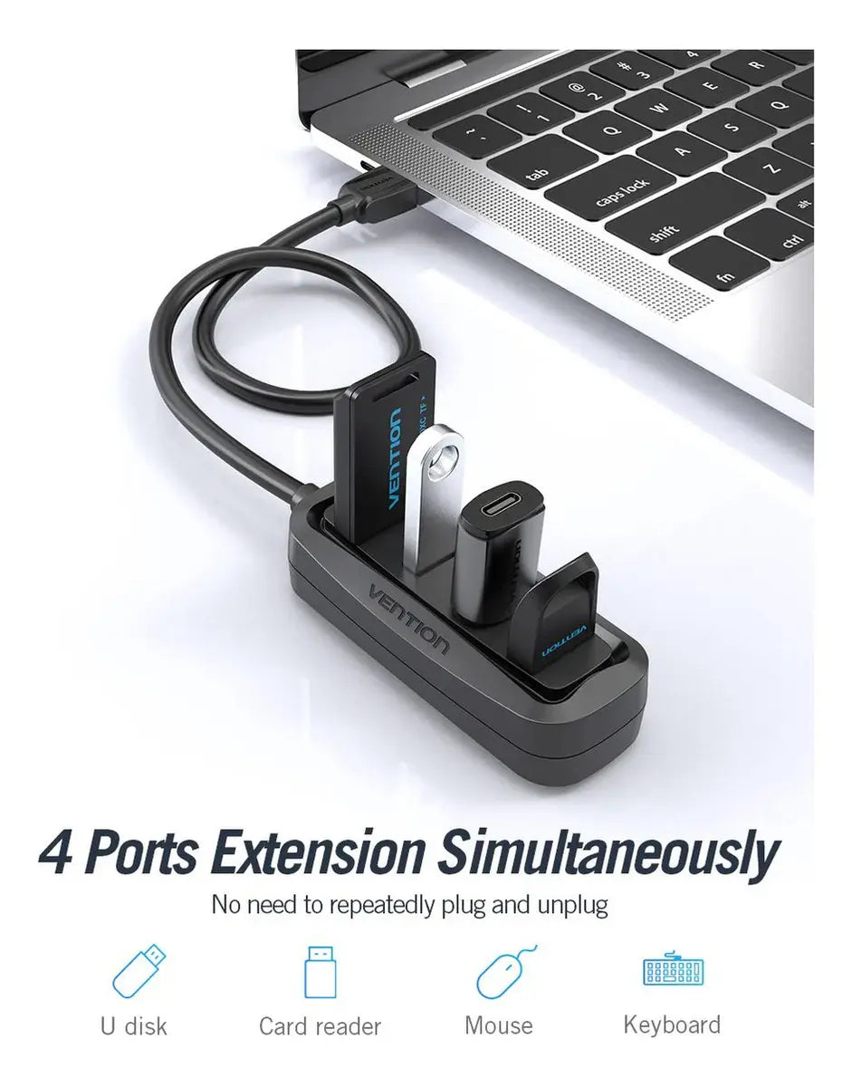 Hub Premium Usb 4 Puertos 2,0 Con Cable 0,5 M Vention Negro