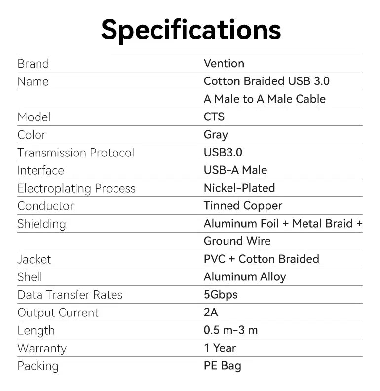 Cable De Datos Usb A 3,0 5gbps Aluminio Trenzado 2m Vention Gris Oscuro
