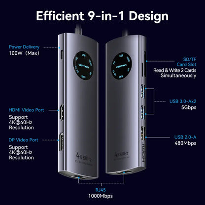 Docking Station Usb C 9 En 1 Hdmi 4k 60hz Rj45 Mst Vention