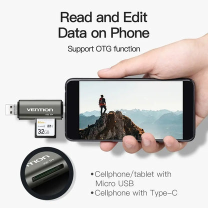 Lector De Tarjetas Sd Tf A Usb-c Usb Y Micro Usb Vention Gris