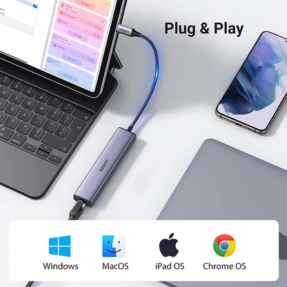 Hub Multipuerto 4 En 1 Usb-c A Usb 3,0 Rj45 Adaptador Ugreen Gris