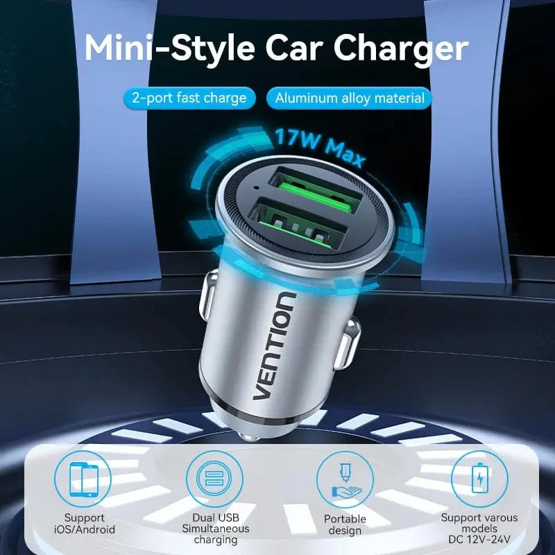Cargador De Celular Para Auto Usb X2 Led 18w 2,4a Vention Gris