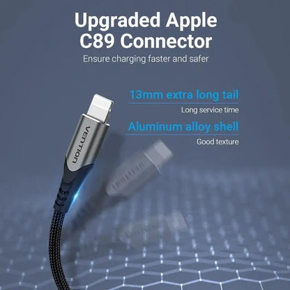 Cable Usb 2,0 Para iPhone 2,4a Trenzado 2 Metros Vention Negro
