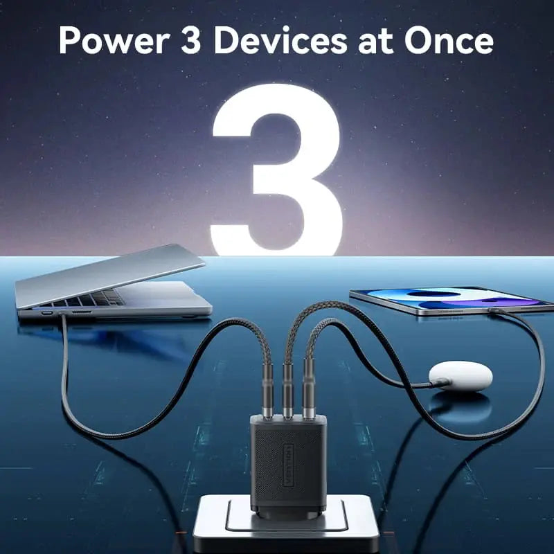 Cargador De Pared Carga Rapida 3 Puertos Usb C 65w Vention