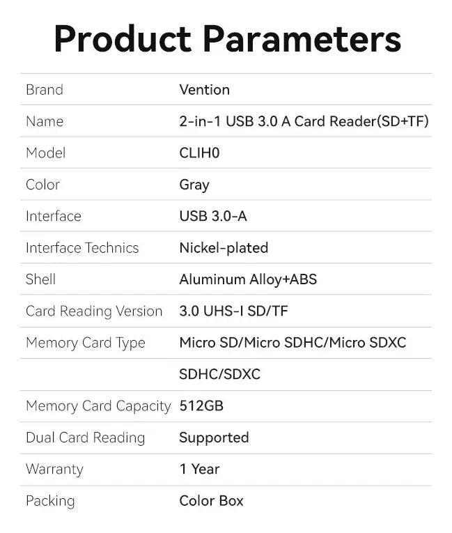 Lectora De Tarjeta - 2 En 1 - Usb 3,0 - Sd Tf Dual Vention Gris