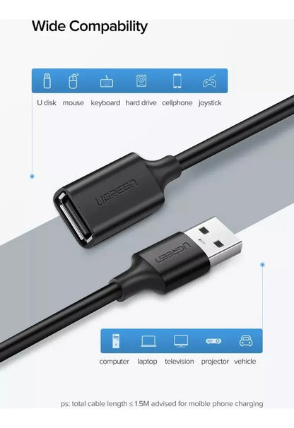 Cable Premium Usb 2,0 Macho A Hembra 2 Metros Ugreen Negro