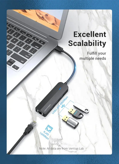 Hub Multipuerto 4 En 1 - Usb A Usb 2,0 Micro-b Rj45 Vention Negro