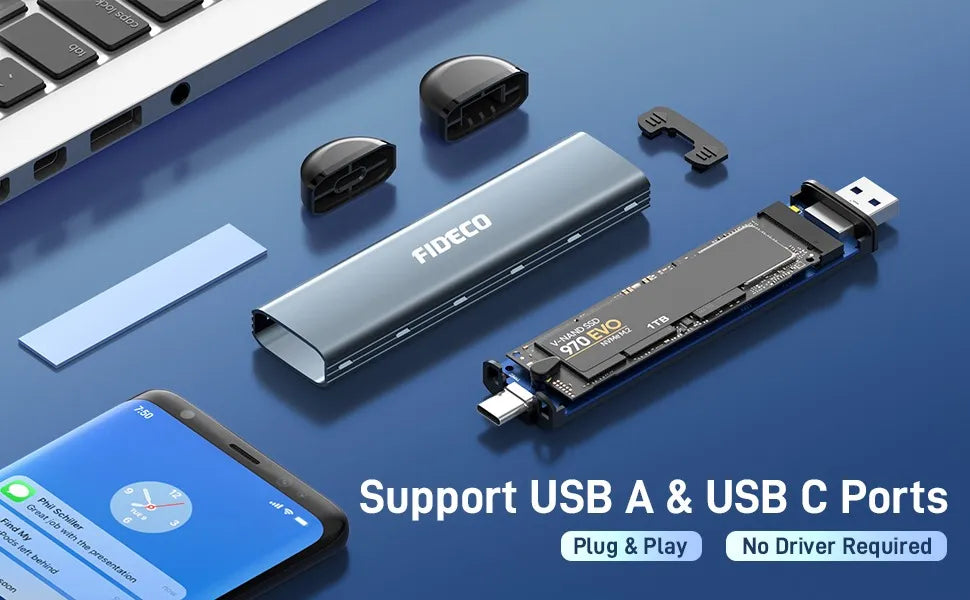 Carry Disk Case M2 Ssd Nvme Sata Dual Usb C Usb 3,2 Fideco Gris
