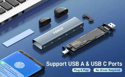 Carry Disk Case M2 Ssd Nvme Sata Dual Usb C Usb 3,2 Fideco Gris