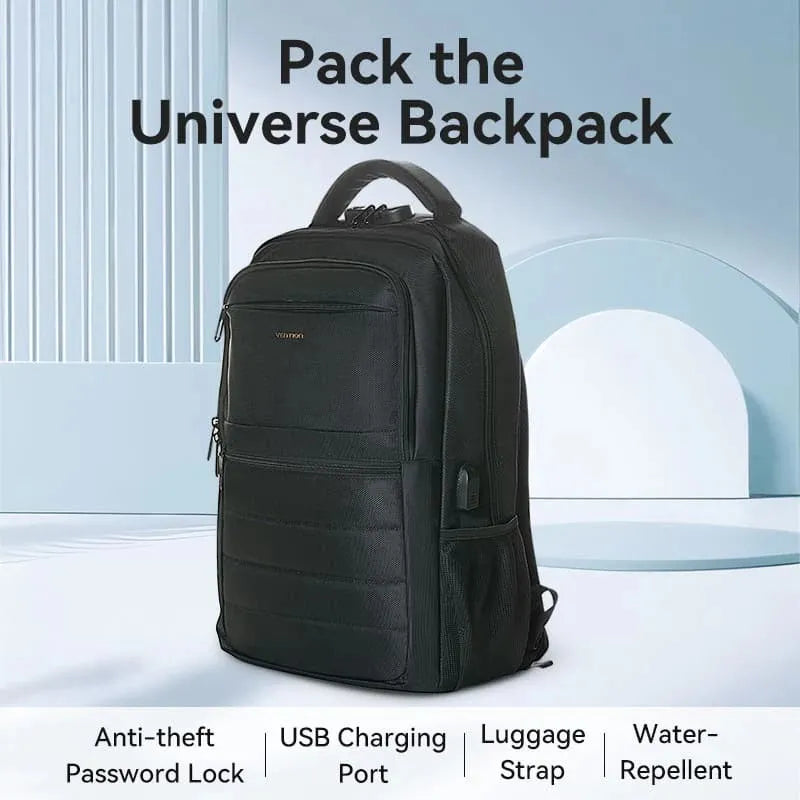 Mochila Porta Notebook 15,6 Candado Resistente Agua Vention Negro Liso