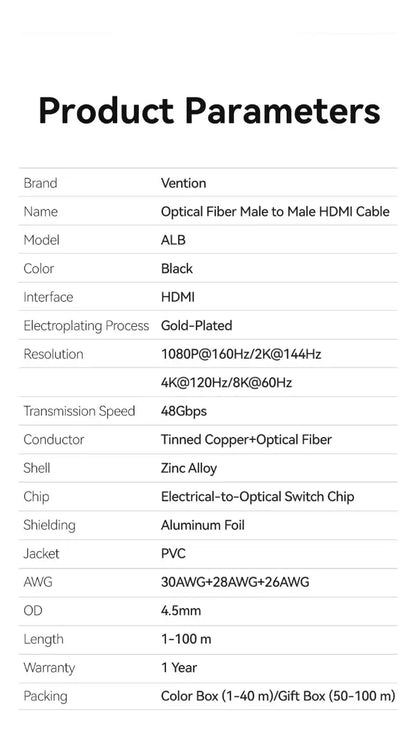 Cable Hdmi 2,1 Fibra Optica 8k 60m 48gbps Aluminio Vention