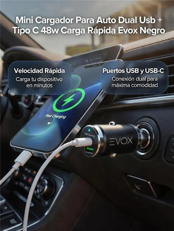 Cargador Para Auto Dual Usb + Tipo C 48w Carga Rapida Evox Negro