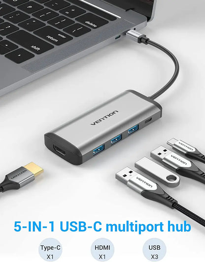 Hub Adaptador Multipuerto 5 En 1 Usb C Hdmi Usb 3,0 Vention Gris