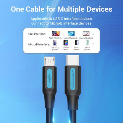 Cable Usb C 2,0 A Micro Usb 2 M Carga Y Dato Calular Vention Negro